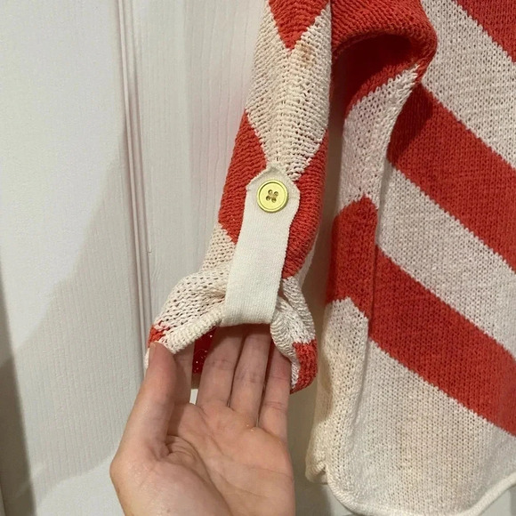 Chicos Womens Sweater 1 Small Chevron Stripe Coral Salmon Ivory Roll-Tab Dolman - Picture 7 of 10